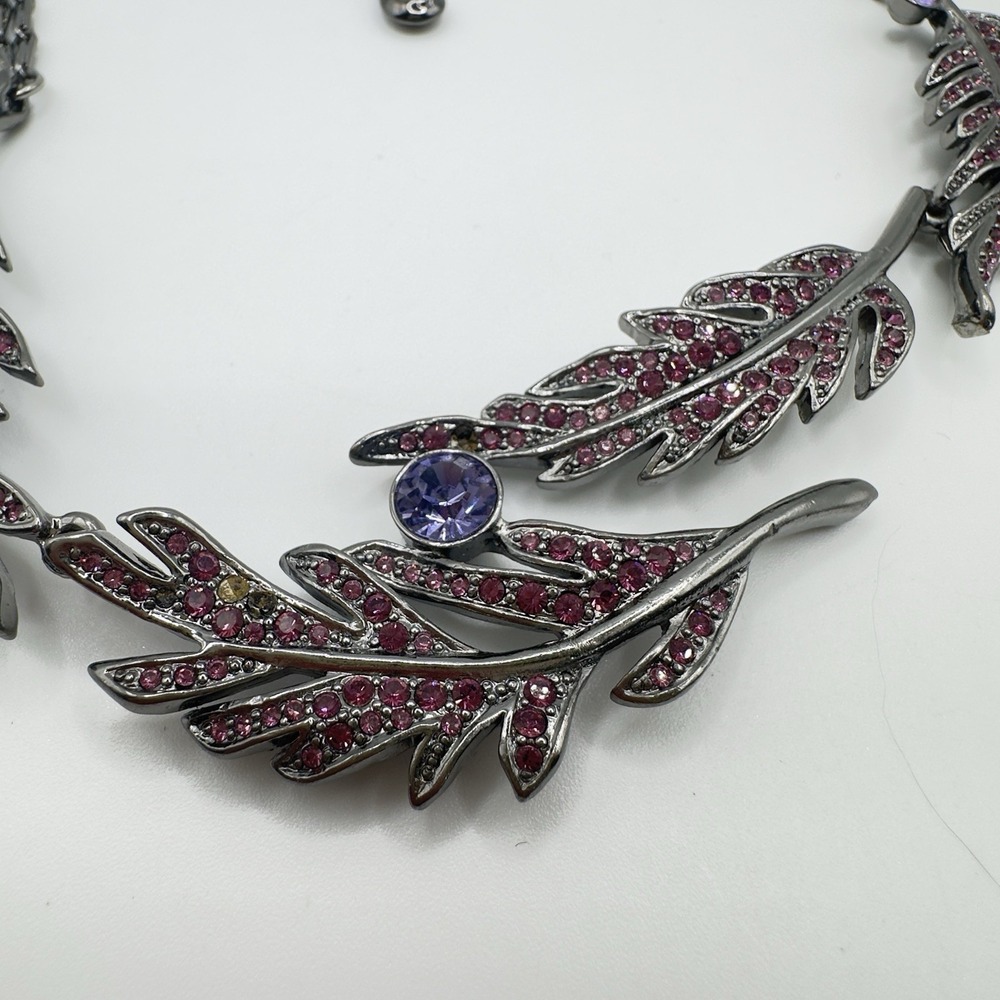 Givenchy Necklace Purple Rhinestone Leaf Bib Gunmetal Tone Statement 15" - 17" - Picture 7 of 16